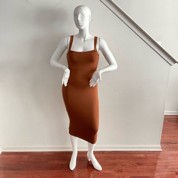 Good American 90’s Tank Dress Midi Brown L Square Neck - Picture 7 of 12